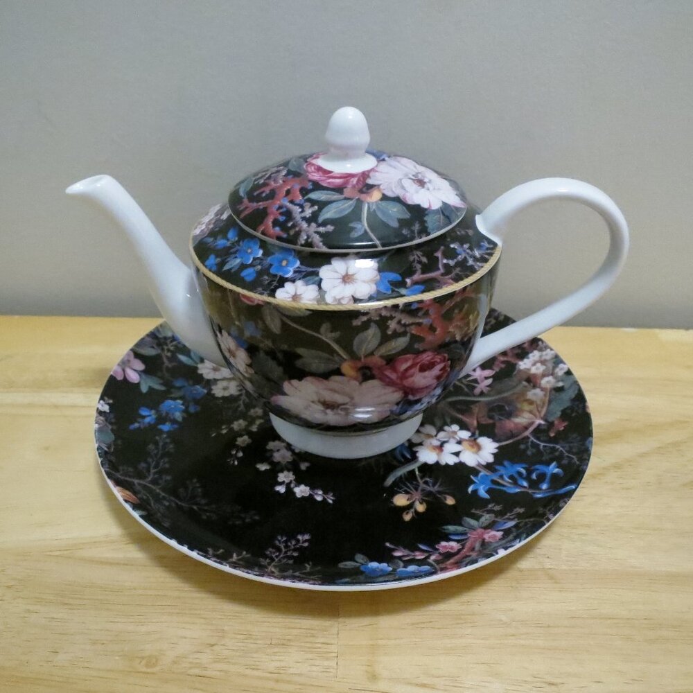 Maxwell & Williams Teapot w/ Plate Midnight Blossom Cashmere Bone China Kilburn